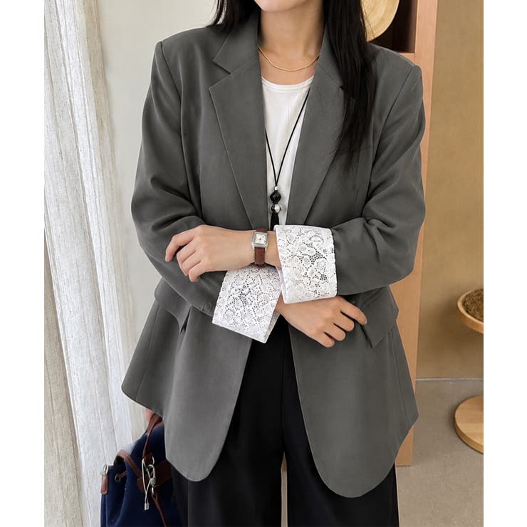 レディースレースカフススーツジャケットビッグシルエットゆったりミドル丈アウター … | SUNSHINE CLOSET | 詳細画像2 