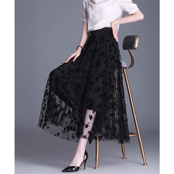 チュールスカート花柄フロッキープリント | SUNSHINE CLOSET | 詳細画像6 