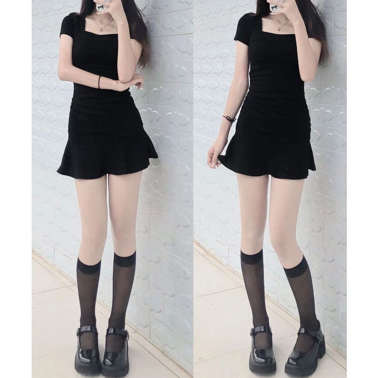 レディース ハイウエストフリルリブニットワンピース黒セクシー サイドシャーリング… | SUNSHINE CLOSET | 詳細画像12 