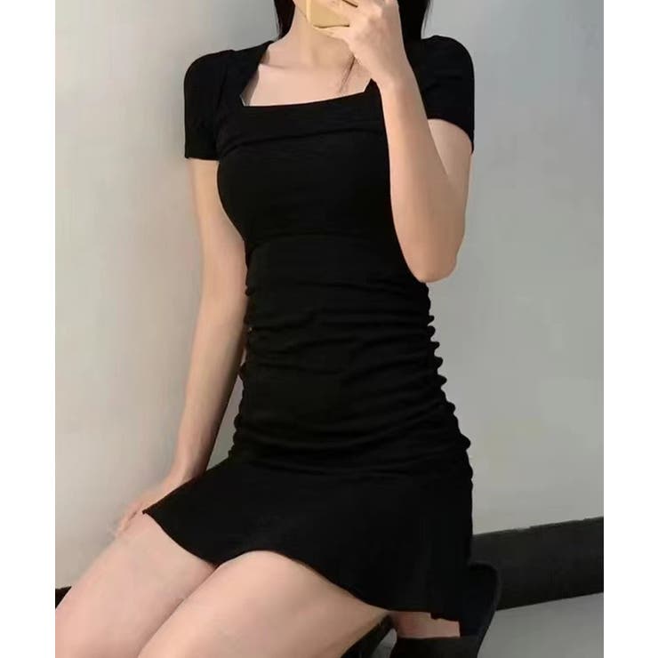レディース ハイウエストフリルリブニットワンピース黒セクシー サイドシャーリング… | SUNSHINE CLOSET | 詳細画像4 