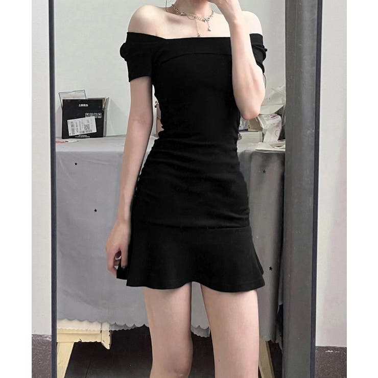 レディース ハイウエストフリルリブニットワンピース黒セクシー サイドシャーリング… | SUNSHINE CLOSET | 詳細画像5 