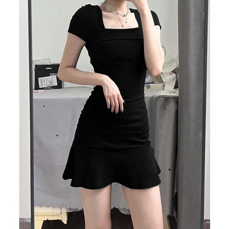 レディース ハイウエストフリルリブニットワンピース黒セクシー サイドシャーリング… | SUNSHINE CLOSET | 詳細画像6 