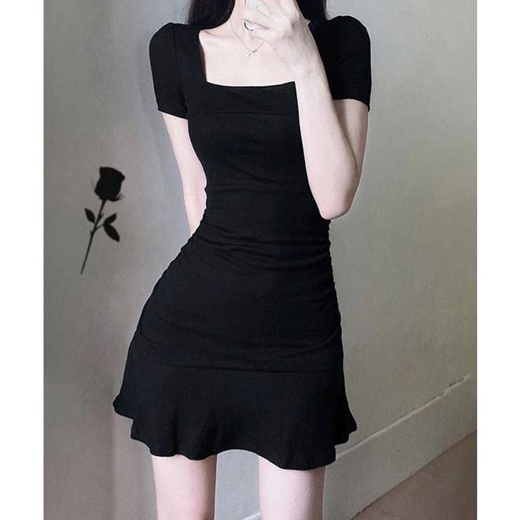 レディース ハイウエストフリルリブニットワンピース黒セクシー サイドシャーリング… | SUNSHINE CLOSET | 詳細画像8 