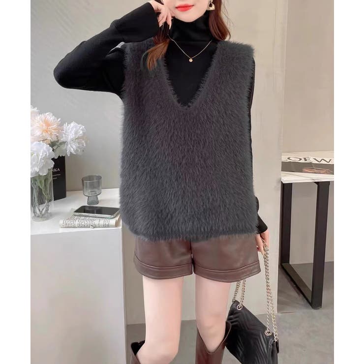 Vネック起毛フェザーニットベストふわふわ | SUNSHINE CLOSET | 詳細画像3 