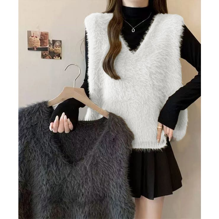 Vネック起毛フェザーニットベストふわふわ | SUNSHINE CLOSET | 詳細画像6 