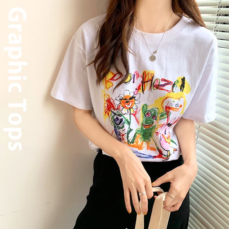 落書きプリント tシャツ 半袖Tシャツ[品番：AGCW0002307