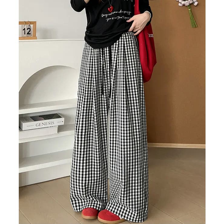 可愛い格子柄ロングパンツレディース 体型カバーパンツカジュアルきれいめ イージー… | SUNSHINE CLOSET | 詳細画像1 