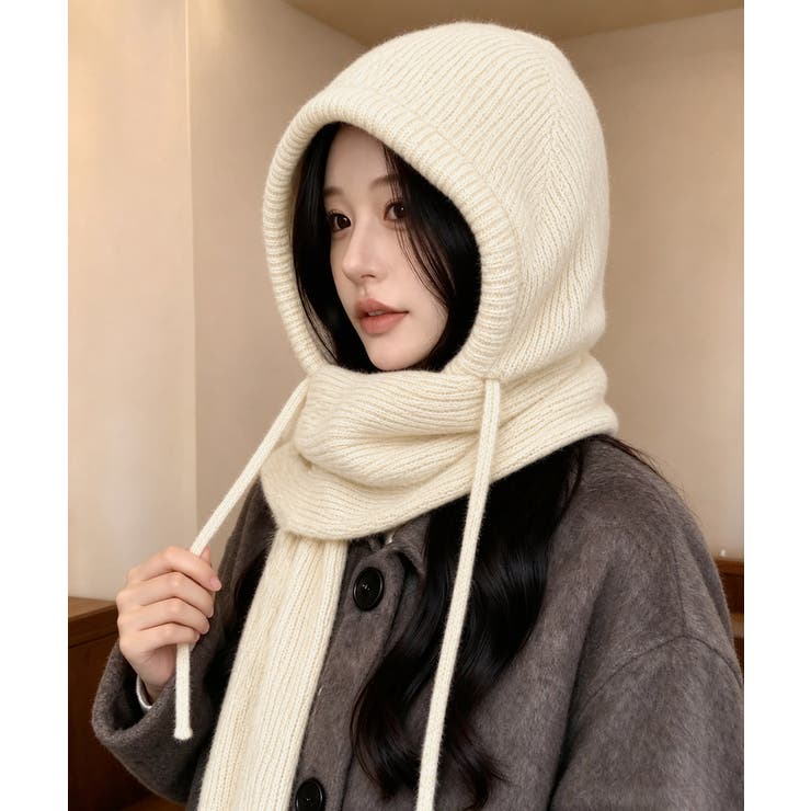 フード付きニットマフラーレディースリブニット帽暖かいフードウォーマーあったか 大… | SUNSHINE CLOSET | 詳細画像10 