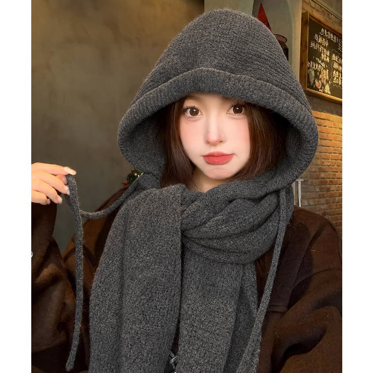 フード付きニットマフラーレディースリブニット帽暖かいフードウォーマーあったか 大… | SUNSHINE CLOSET | 詳細画像2 