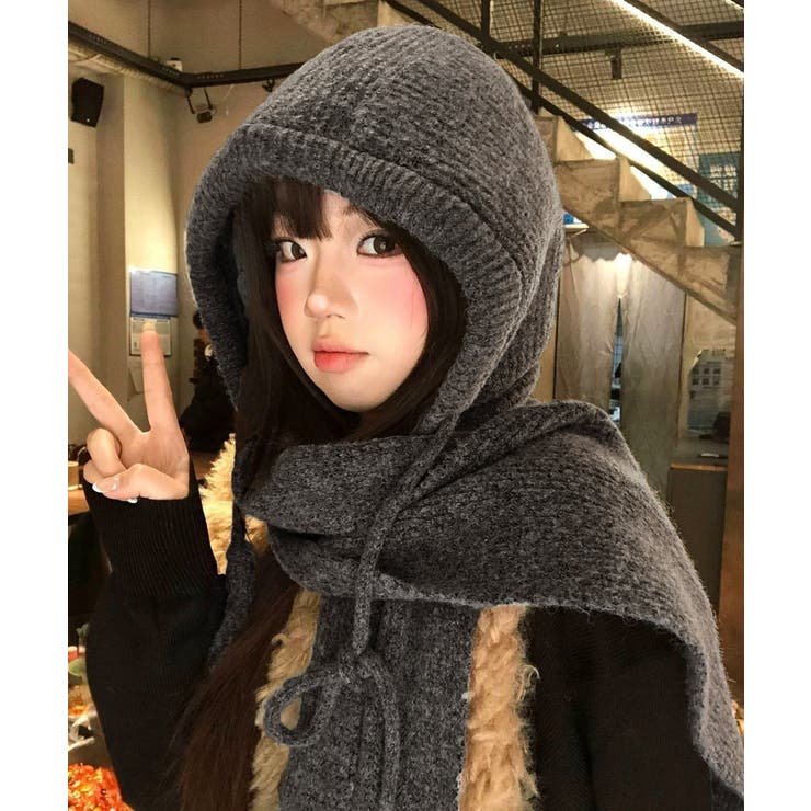 フード付きニットマフラーレディースリブニット帽暖かいフードウォーマーあったか 大… | SUNSHINE CLOSET | 詳細画像3 