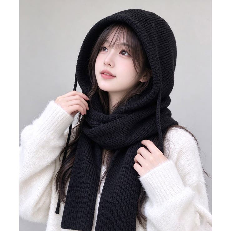 フード付きニットマフラーレディースリブニット帽暖かいフードウォーマーあったか 大… | SUNSHINE CLOSET | 詳細画像5 
