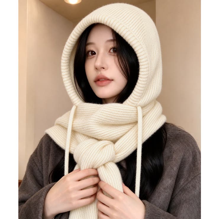 フード付きニットマフラーレディースリブニット帽暖かいフードウォーマーあったか 大… | SUNSHINE CLOSET | 詳細画像8 