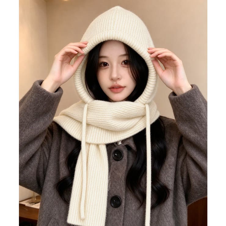 フード付きニットマフラーレディースリブニット帽暖かいフードウォーマーあったか 大… | SUNSHINE CLOSET | 詳細画像9 