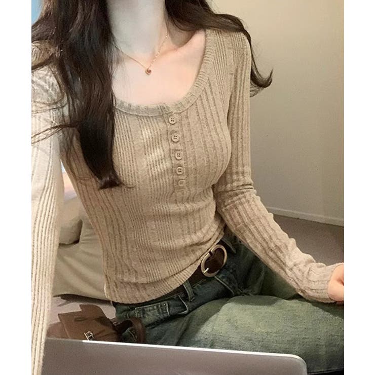 ハーフボタンニット長袖フロントボタンニットトップスレディース韓国風 Uネック無地… | SUNSHINE CLOSET | 詳細画像14 