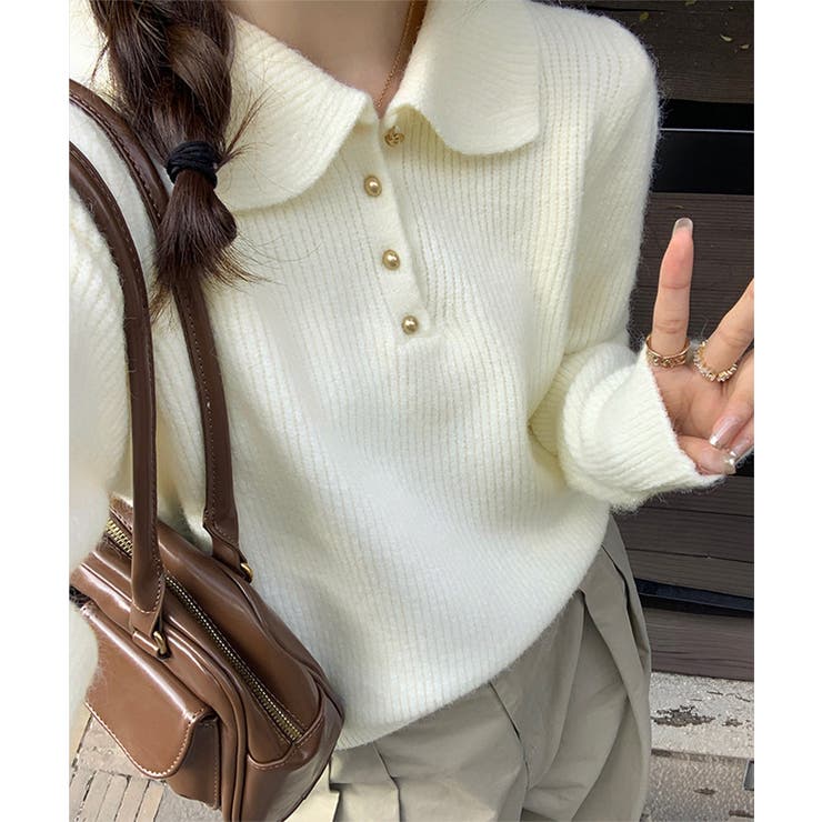 ポロカラーニットトップス ゴールドボタン | SUNSHINE CLOSET | 詳細画像1 