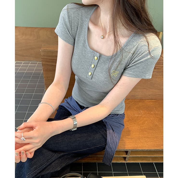 レディースタイトトップス細見え 刺しゅうロゴtシャツフロントボタンリブカットソー… | SUNSHINE CLOSET | 詳細画像17 