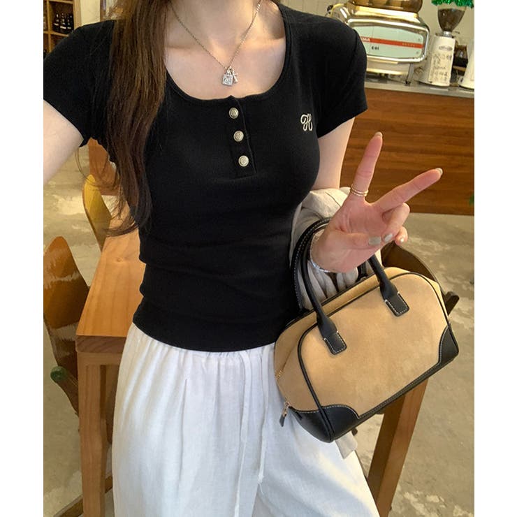 レディースタイトトップス細見え 刺しゅうロゴtシャツフロントボタンリブカットソー… | SUNSHINE CLOSET | 詳細画像7 