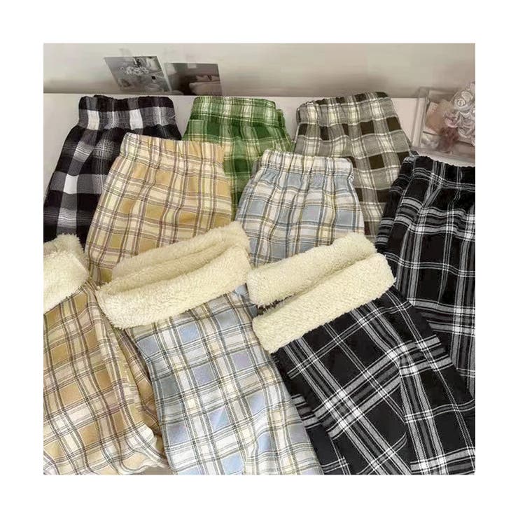 裏起毛チェック柄パンツ 裏ボアパンツ防寒[品番：AGCW0005967