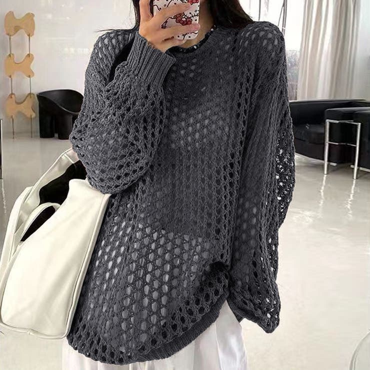 メッシュニット 透かし編みトップス 長袖[品番：AGCW0004724