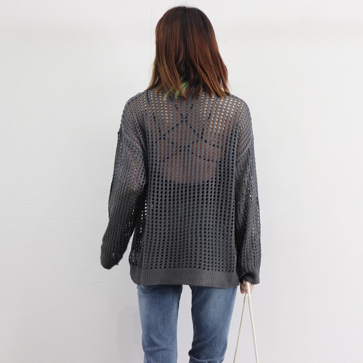メッシュニット 透かし編みトップス 長袖[品番：AGCW0004724