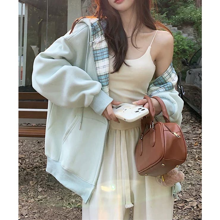 レディース 韓国風チェックライニングパーカー レイヤード風羽織り | SUNSHINE CLOSET | 詳細画像17 