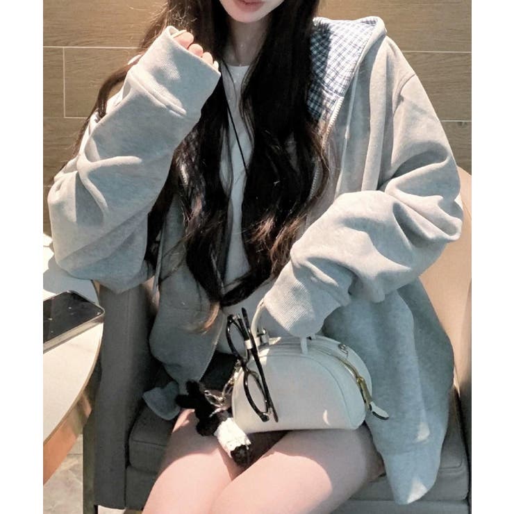 レディース 韓国風チェックライニングパーカー レイヤード風羽織り | SUNSHINE CLOSET | 詳細画像3 