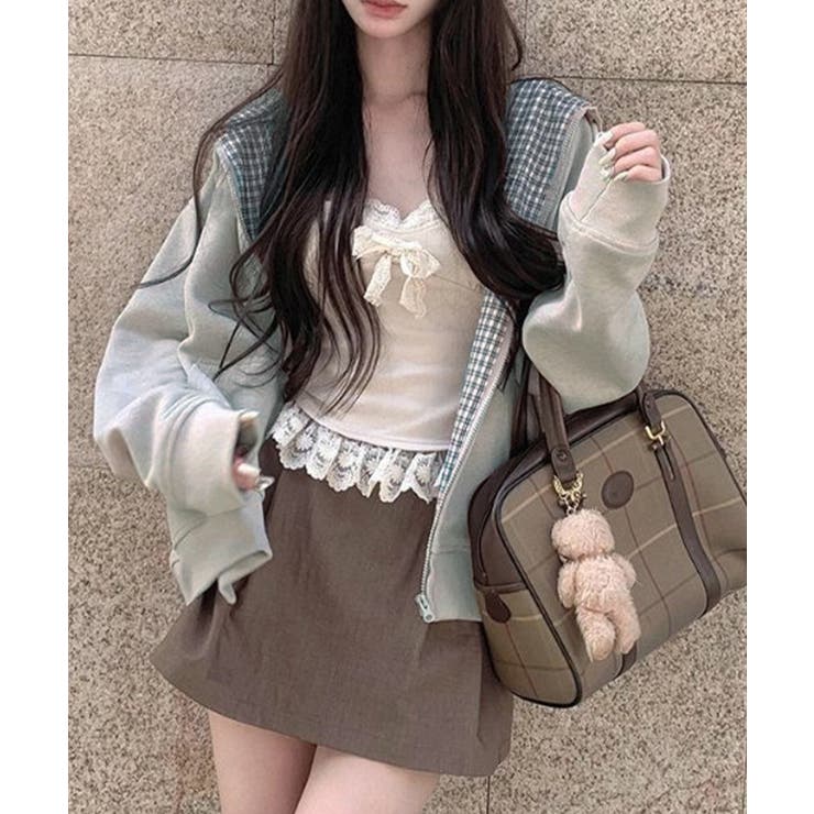 レディース 韓国風チェックライニングパーカー レイヤード風羽織り | SUNSHINE CLOSET | 詳細画像8 