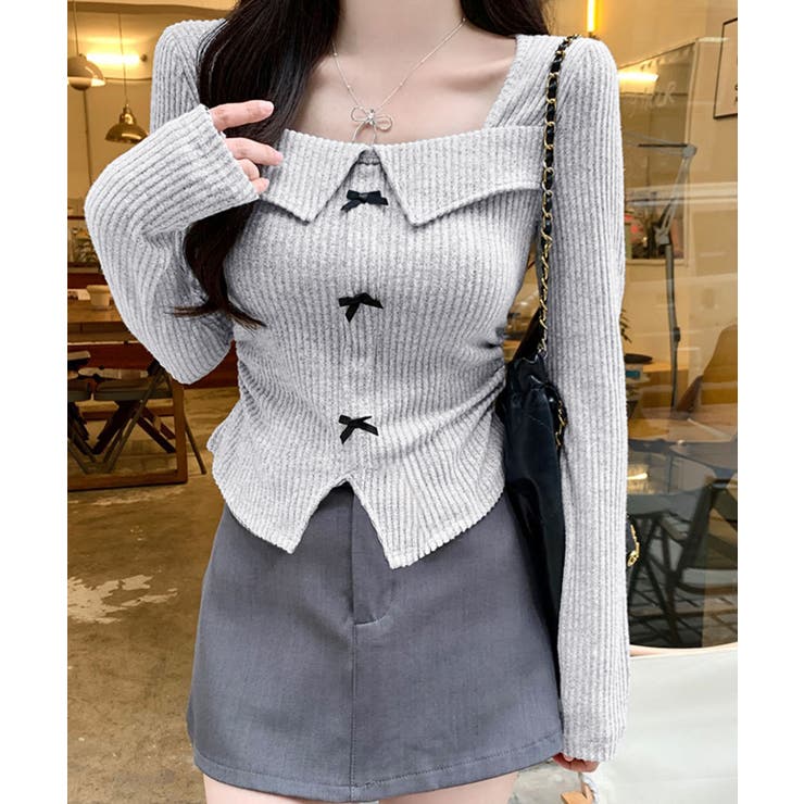 リボンニットトップス スクエアネック秋服[品番：AGCW0006875