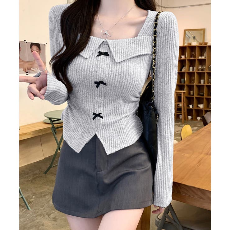 リボンニットトップス スクエアネック秋服[品番：AGCW0006875