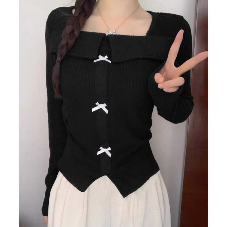 リボンニットトップス スクエアネック秋服[品番：AGCW0006875