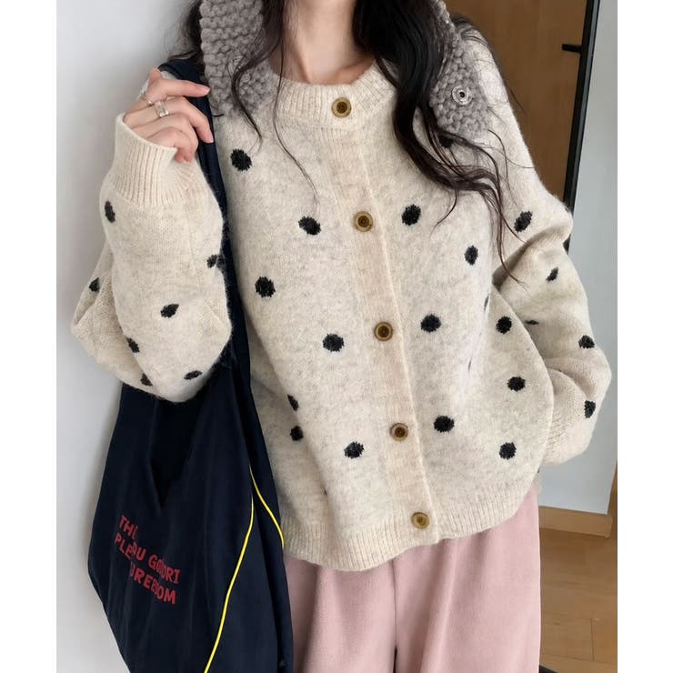 クルーネックカーディガン 前開きニットトップス 水玉柄長袖ニットゆったり | SUNSHINE CLOSET | 詳細画像1 
