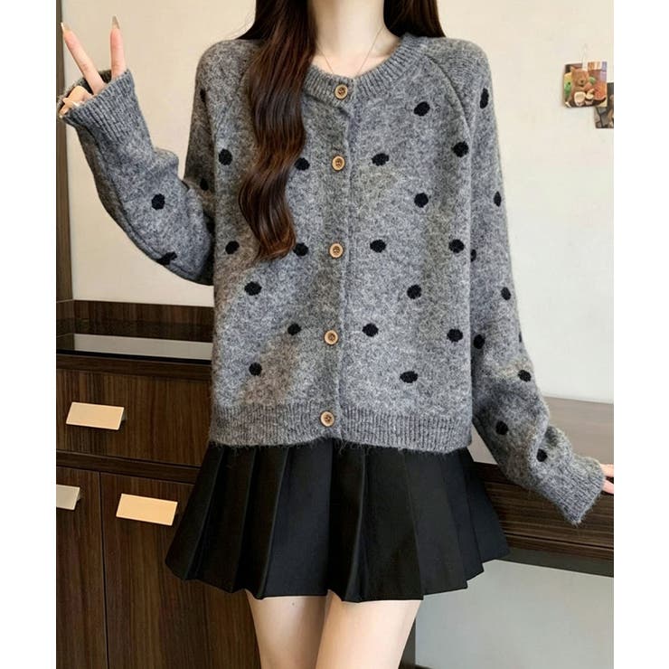 クルーネックカーディガン 前開きニットトップス 水玉柄長袖ニットゆったり | SUNSHINE CLOSET | 詳細画像10 