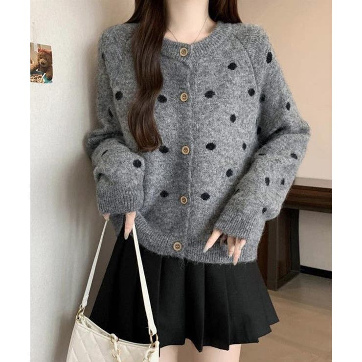 クルーネックカーディガン 前開きニットトップス 水玉柄長袖ニットゆったり | SUNSHINE CLOSET | 詳細画像11 