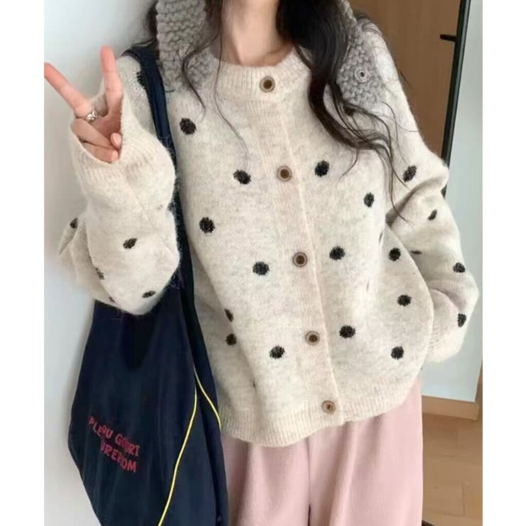 クルーネックカーディガン 前開きニットトップス 水玉柄長袖ニットゆったり | SUNSHINE CLOSET | 詳細画像12 