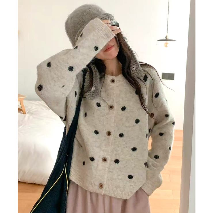 クルーネックカーディガン 前開きニットトップス 水玉柄長袖ニットゆったり | SUNSHINE CLOSET | 詳細画像13 