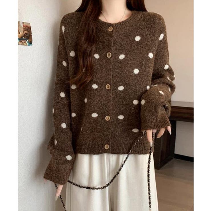 クルーネックカーディガン 前開きニットトップス 水玉柄長袖ニットゆったり | SUNSHINE CLOSET | 詳細画像4 