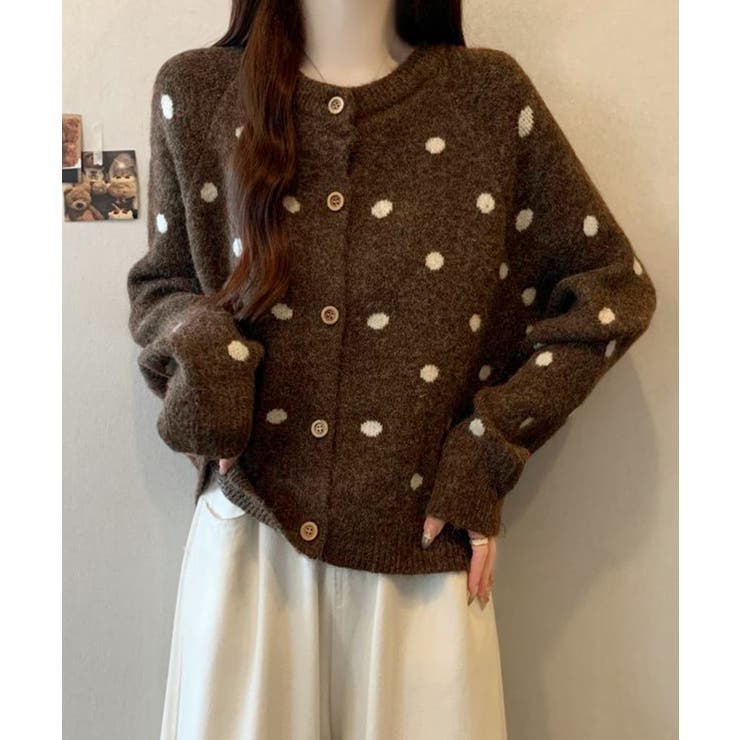 クルーネックカーディガン 前開きニットトップス 水玉柄長袖ニットゆったり | SUNSHINE CLOSET | 詳細画像5 