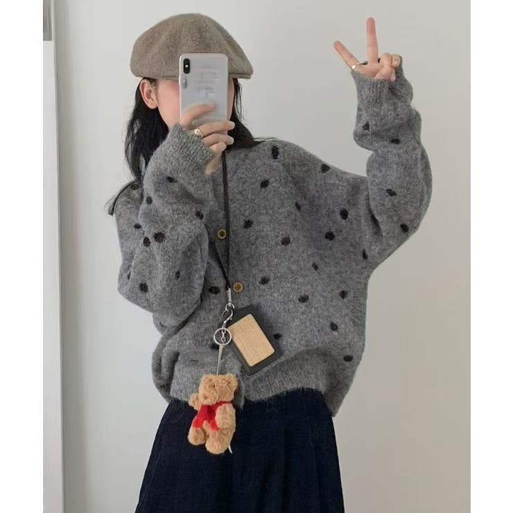 クルーネックカーディガン 前開きニットトップス 水玉柄長袖ニットゆったり | SUNSHINE CLOSET | 詳細画像8 