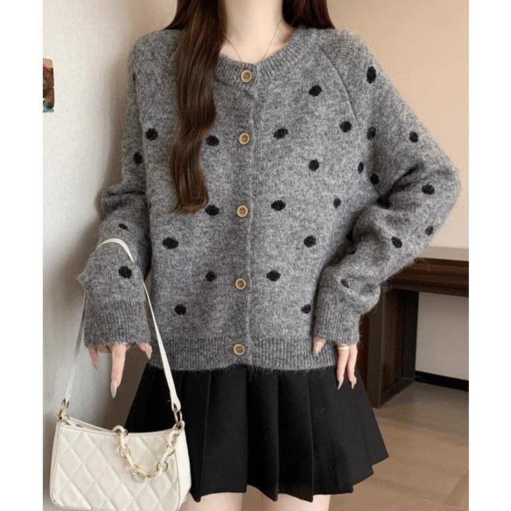 クルーネックカーディガン 前開きニットトップス 水玉柄長袖ニットゆったり | SUNSHINE CLOSET | 詳細画像9 