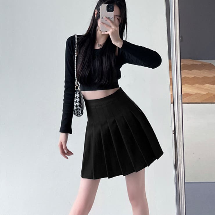 ボックスプリーツスカート ミニスカート黒[品番：AGCW0004397 