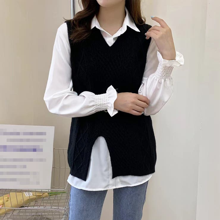 ブラック | ニットベスト スリット入り ブラウス | SUNSHINE CLOSET