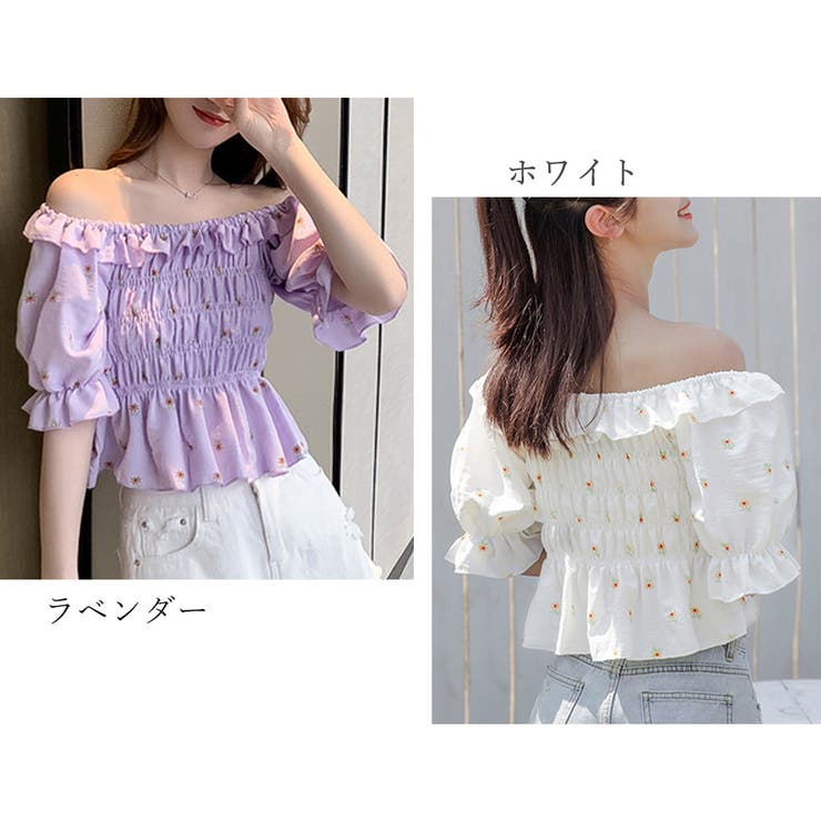 オフショルダートップス 花柄 シャーリング[品番：AGCW0001981