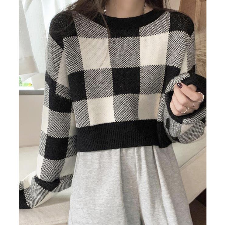 チェック柄ニット ショート丈 長袖ニット | SUNSHINE CLOSET | 詳細画像1 