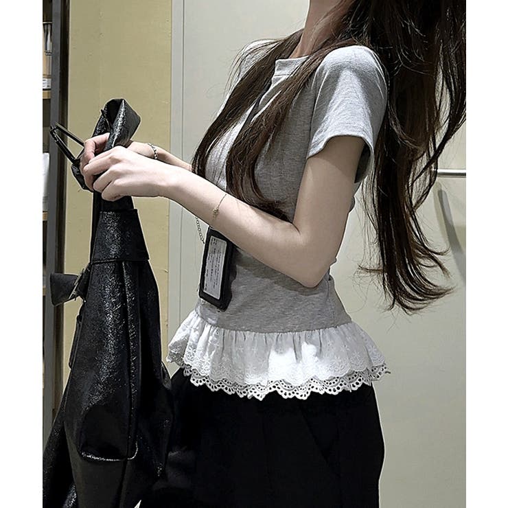 Tシャツ 裾レース切替 カットソー 夏服[品番：AGCW0006720