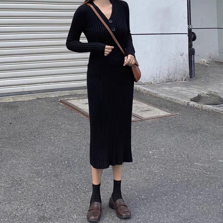 ニットワンピース Vネック 春秋冬 長袖[品番：AGCW0003702]｜SUNSHINE