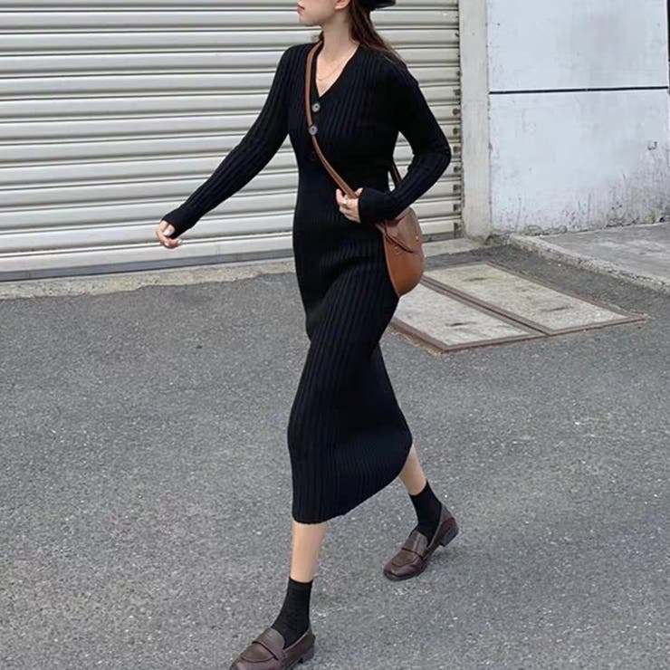 ニットワンピース Vネック 春秋冬 長袖[品番：AGCW0003702]｜SUNSHINE