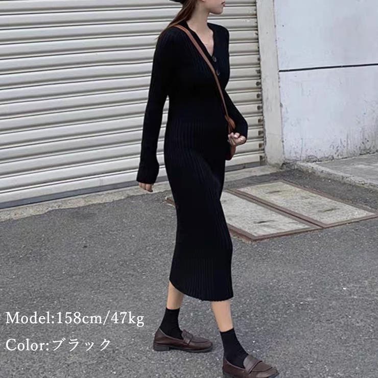 ニットワンピース Vネック 春秋冬 長袖[品番：AGCW0003702]｜SUNSHINE