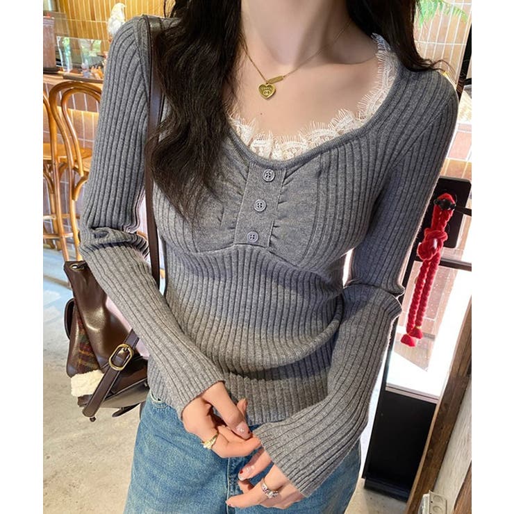 ニットトップス レースネック 長袖 秋冬 | SUNSHINE CLOSET | 詳細画像1 