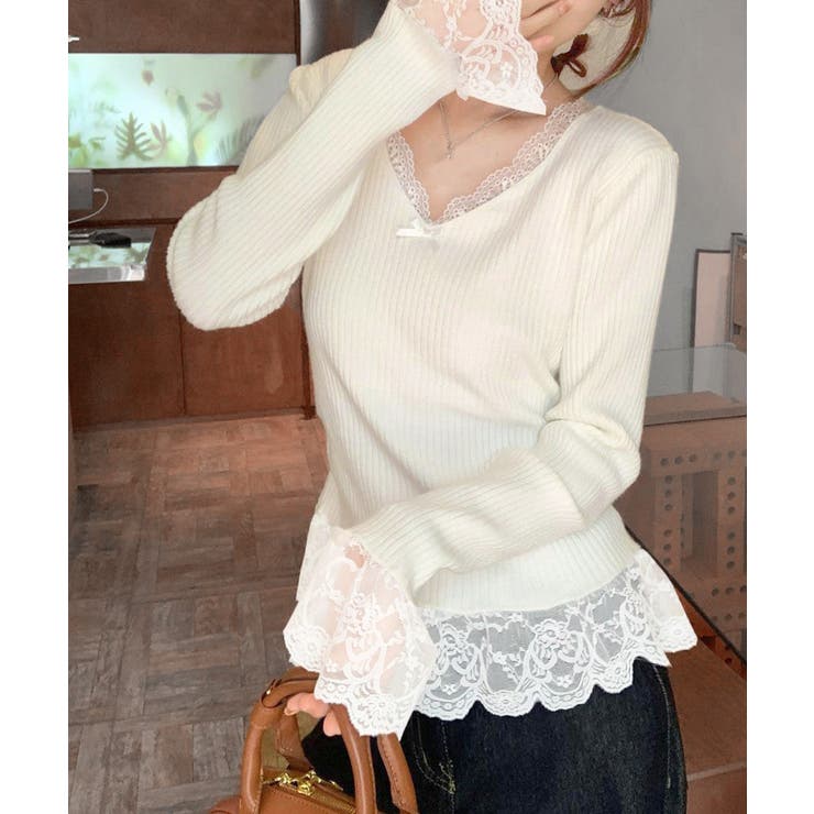 ニットトップス レース切替え Vネック服 | SUNSHINE CLOSET | 詳細画像2 