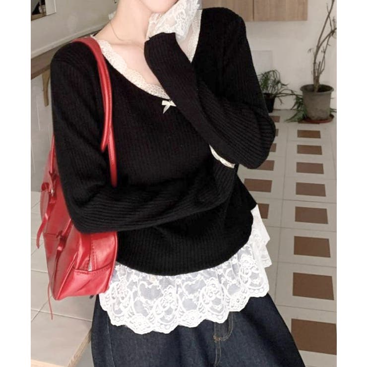 ニットトップス レース切替え Vネック服 | SUNSHINE CLOSET | 詳細画像4 